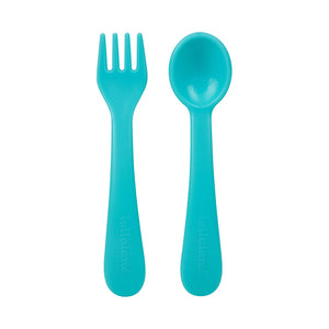 Turquoise plastic fork and plastic spoon